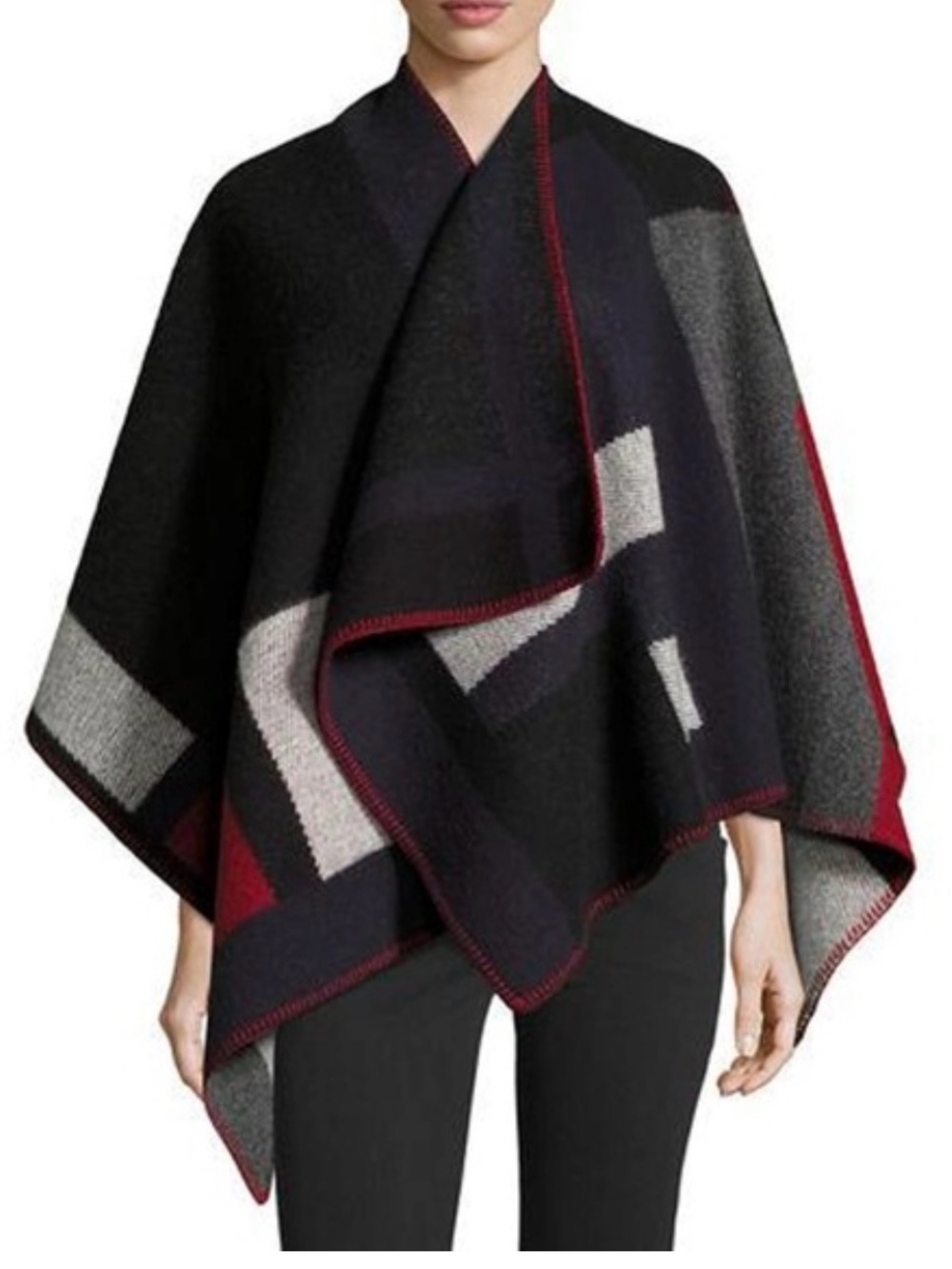 Burberry Colorblock Wool Poncho - Black, Gray & Red